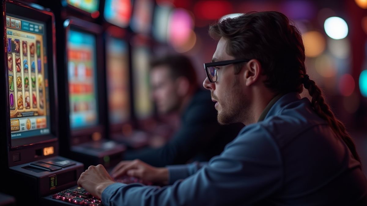 Ein Spieler, der eine Strategie vor einem Spielautomaten-Bildschirm plant.