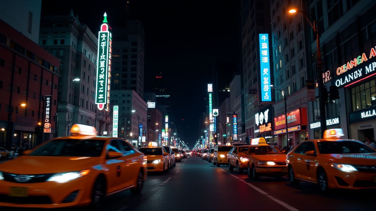 Paisaje nocturno urbano con luces de neón y taxis.