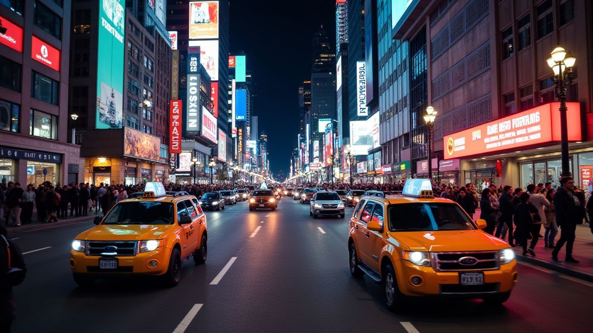 Calle iluminada con luces de neón y taxis.