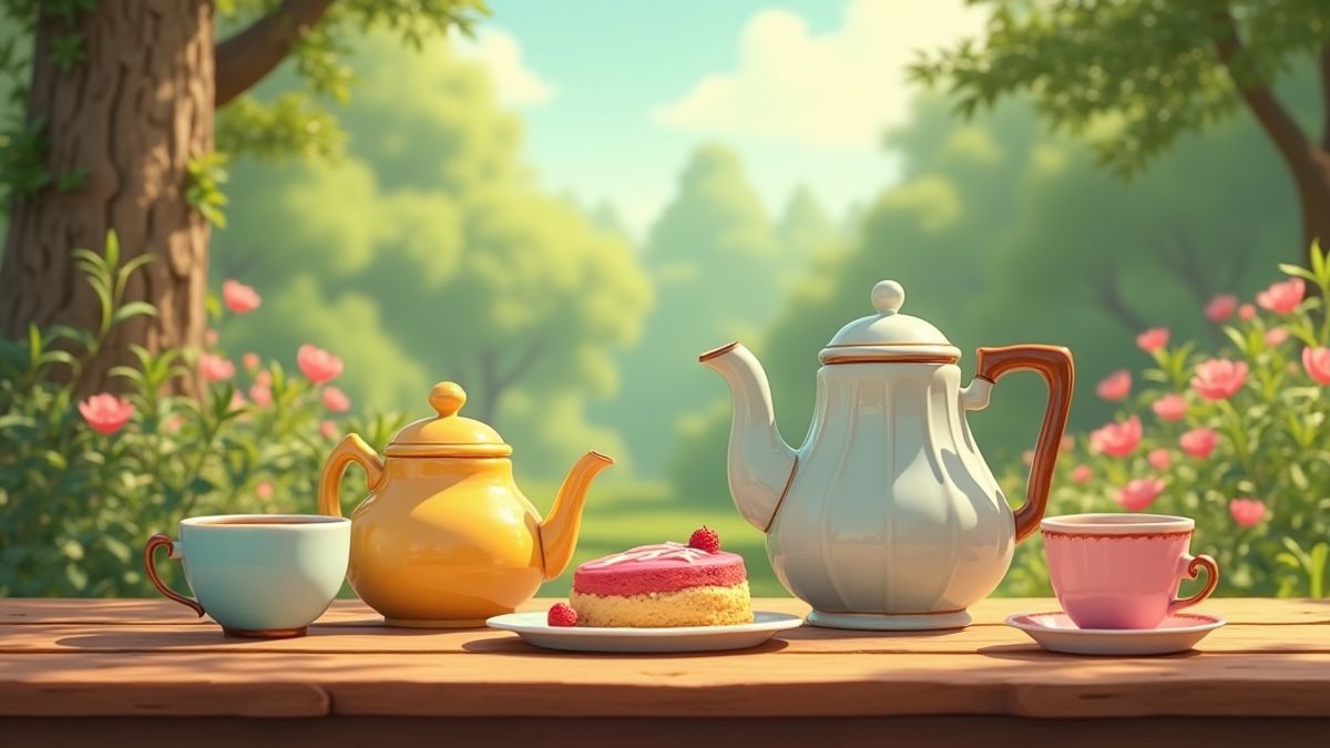 A wooden table with teapots and desserts in an animated garden.