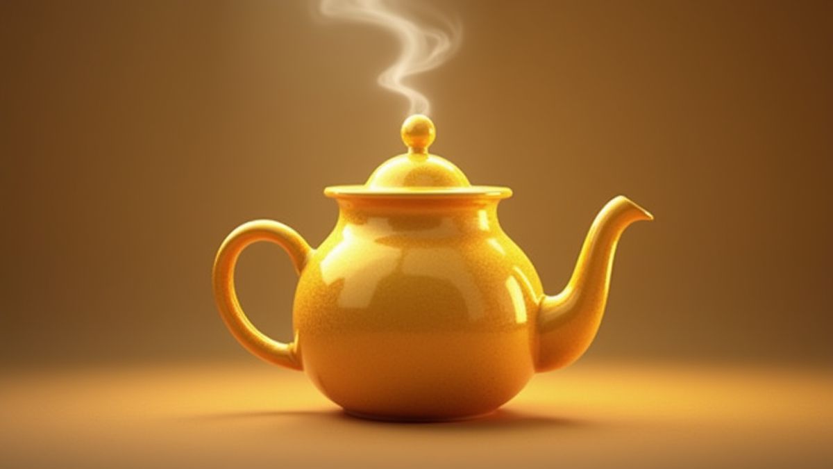 A golden teapot with steam in an animated style.
