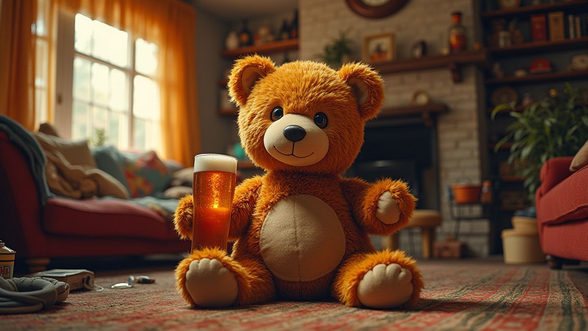 Ted dans son salon entouré de bières et de désordre.