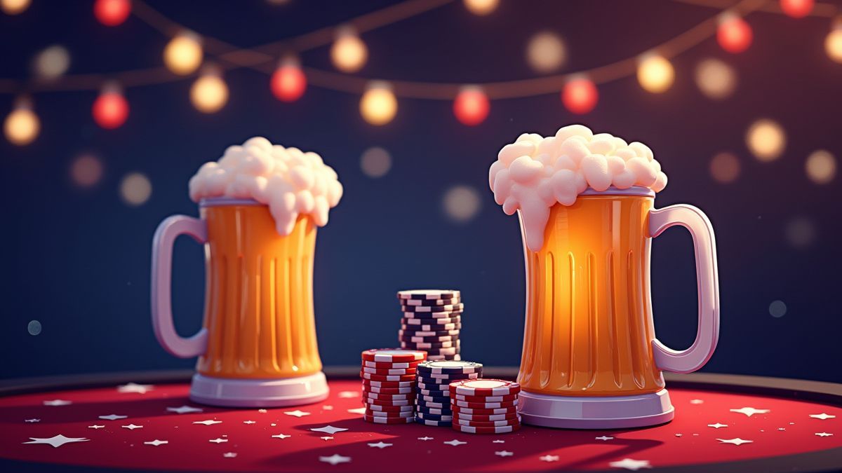 Noite de casino animada com luzes e cervejas.