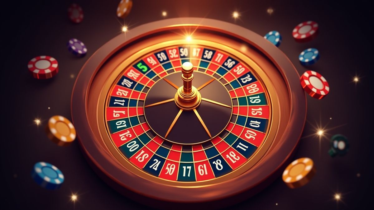 Roda de cores brilhantes com elementos de casino.