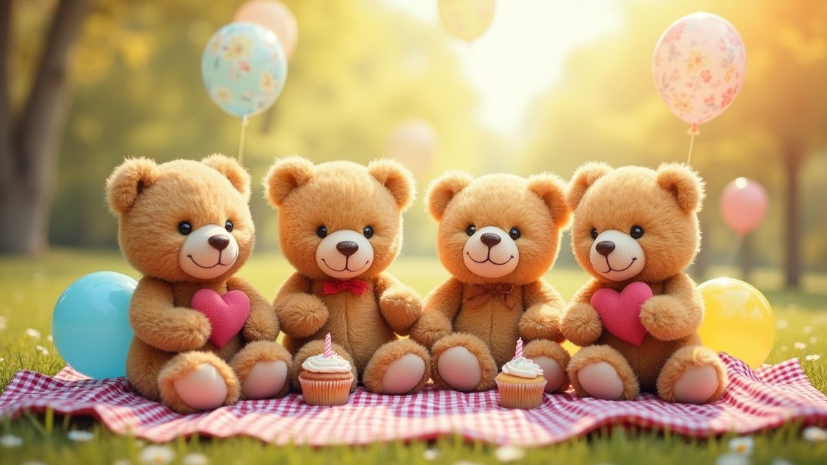 Ositos de peluche en un picnic con globos y cupcakes.
