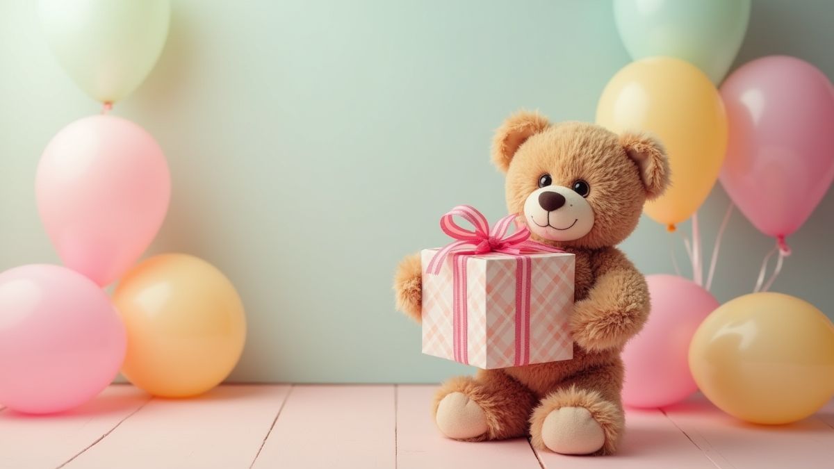 Osito de peluche con una caja de regalo en una habitación decorada con globos.