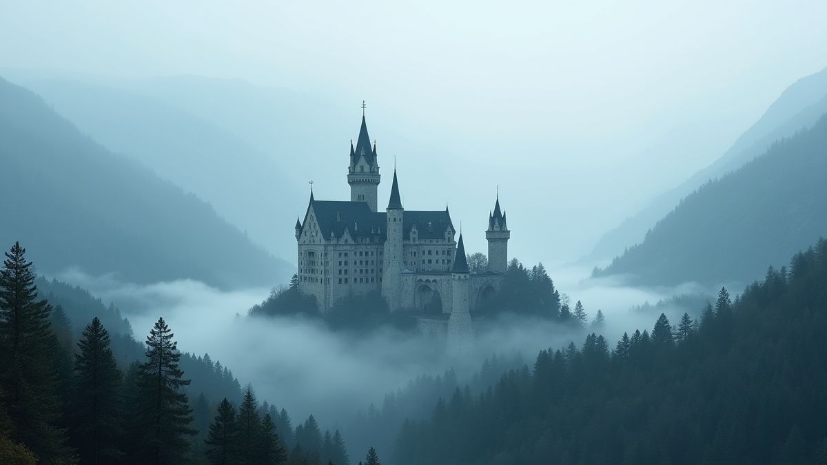 Medieval castle surrounded by mountains and forests with mist.
