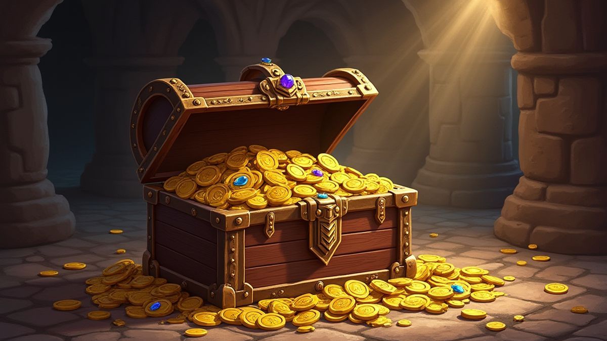 Treasure chest filled with gold coins and jewels in a medieval environment.