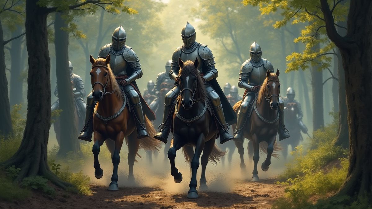 Knights in armor riding horseback through a forest.