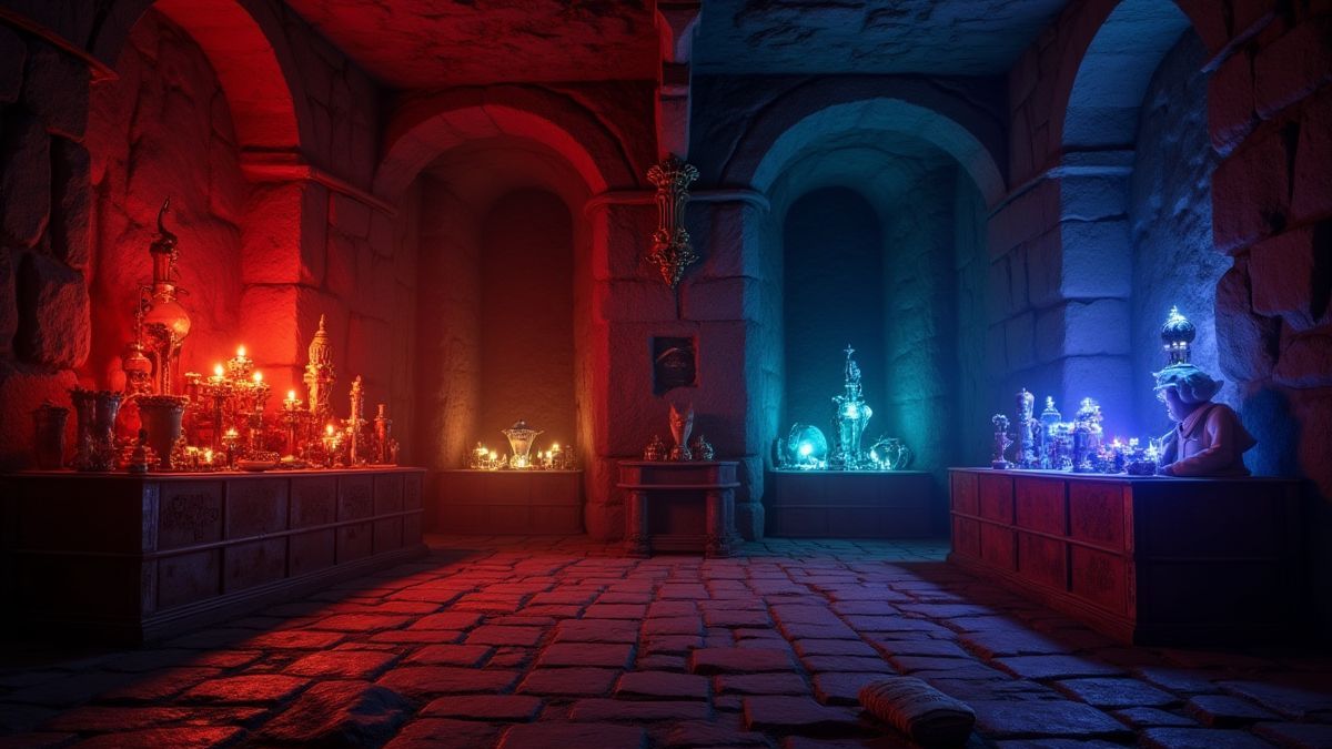 Medieval artifacts glowing in a treasure chamber.