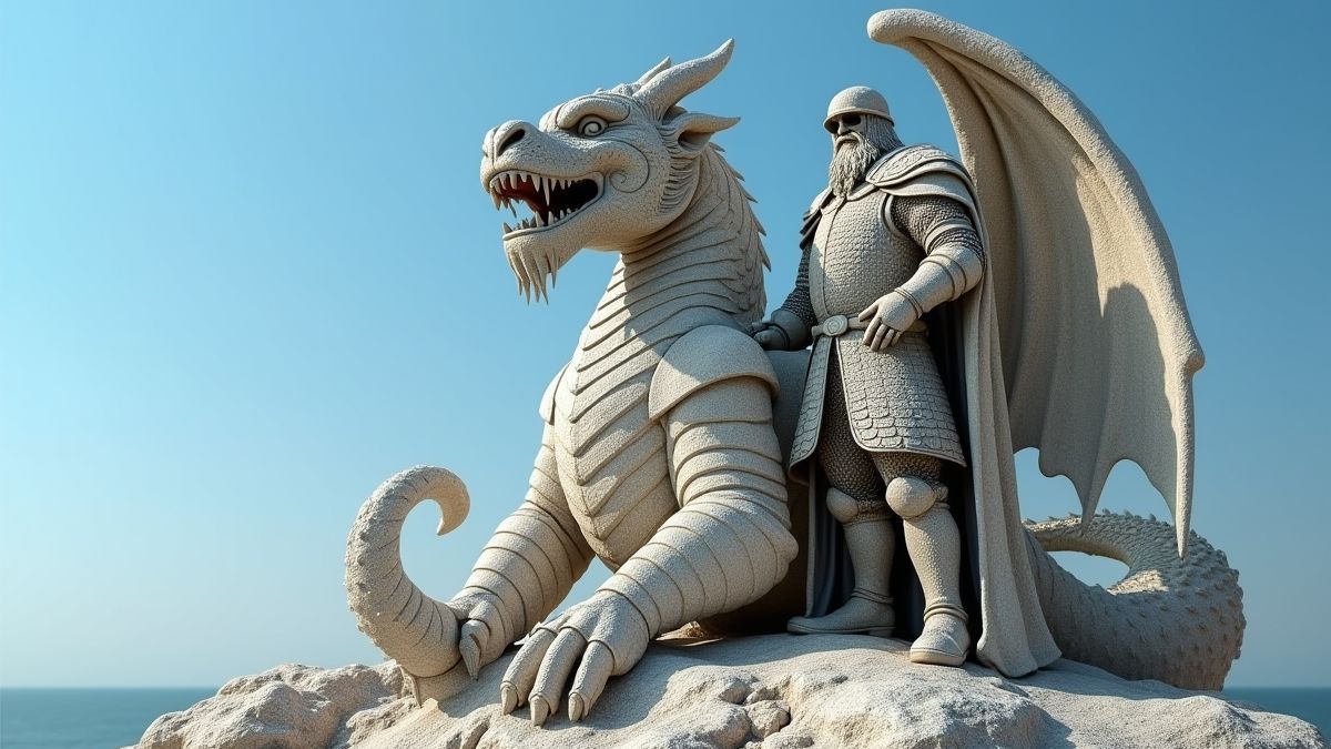 Stone knight next to a dragon under a blue sky.