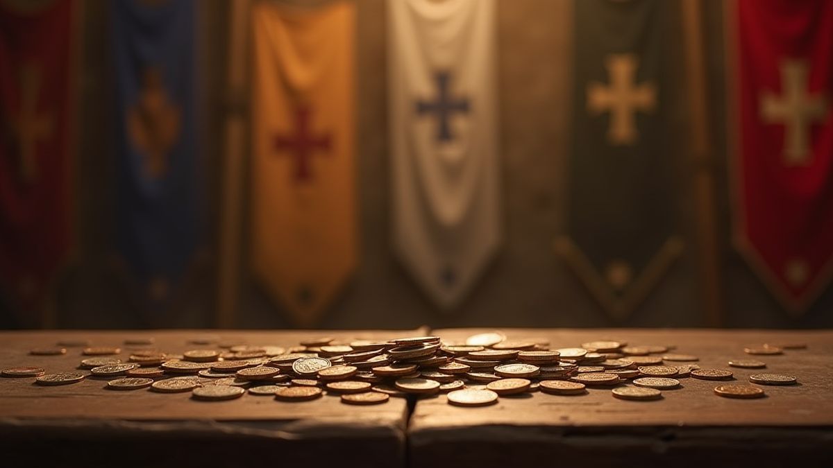 Coins on a medieval table with banners in the background.