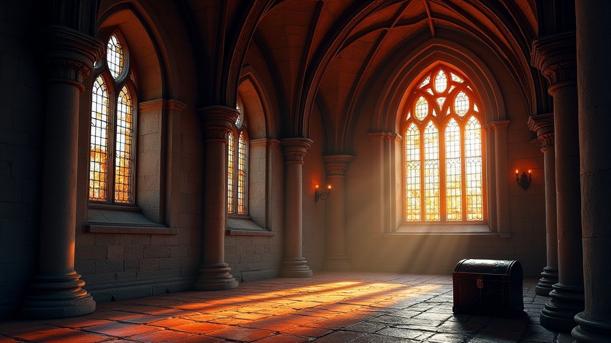 Interieur van een middeleeuwse kathedraal met verlichte glas-in-loodramen en een schatkist.