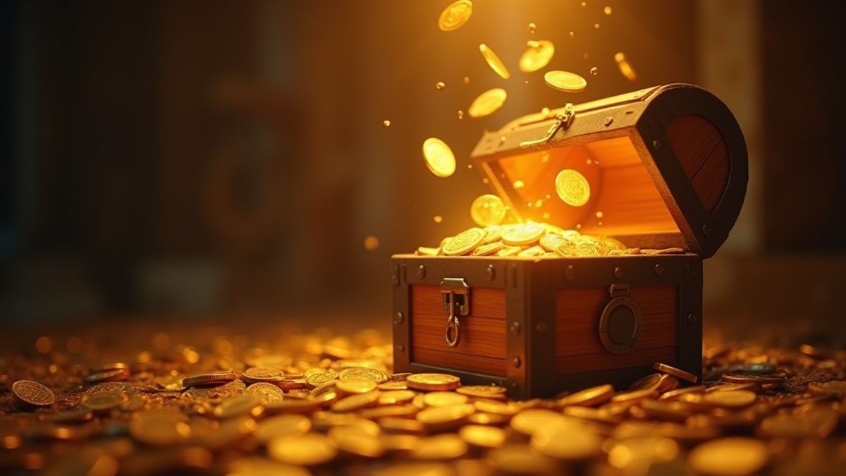 Gouden munten die uit een middeleeuwse schatkist vallen.