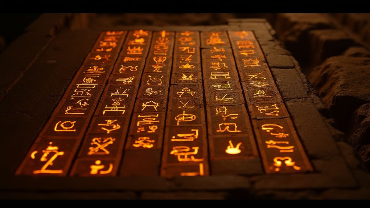 Jeroglíficos egipcios iluminados por una luz tenue.