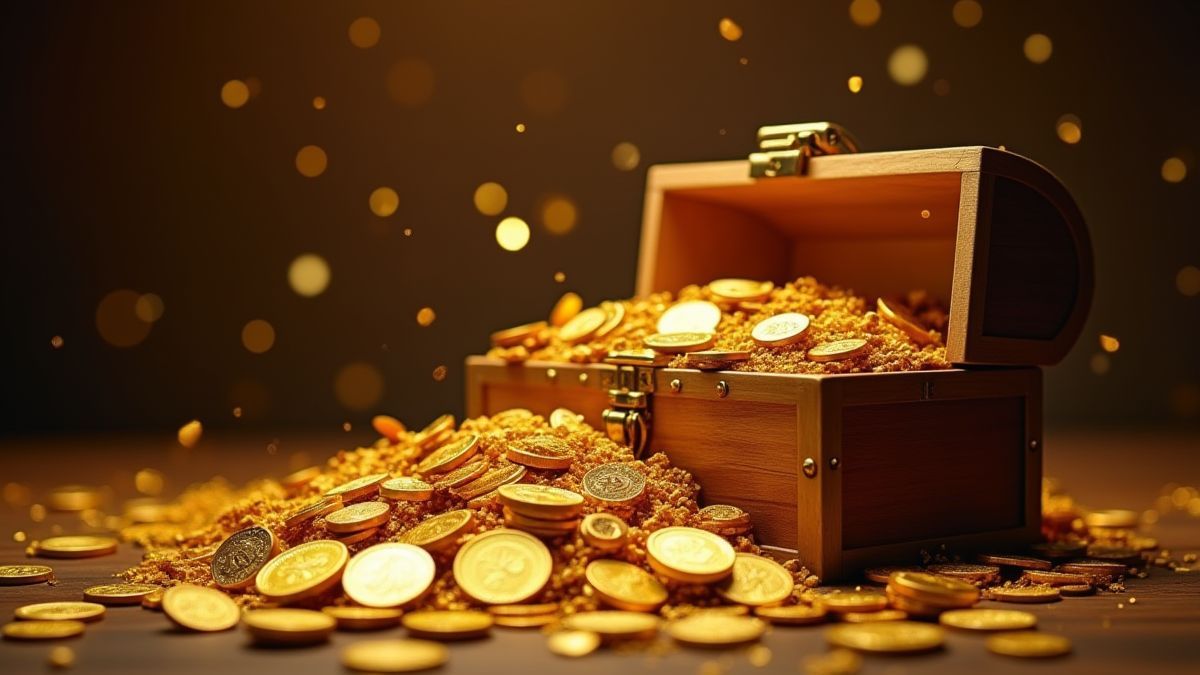 Monedas de oro y tesoros desbordando de un cofre.
