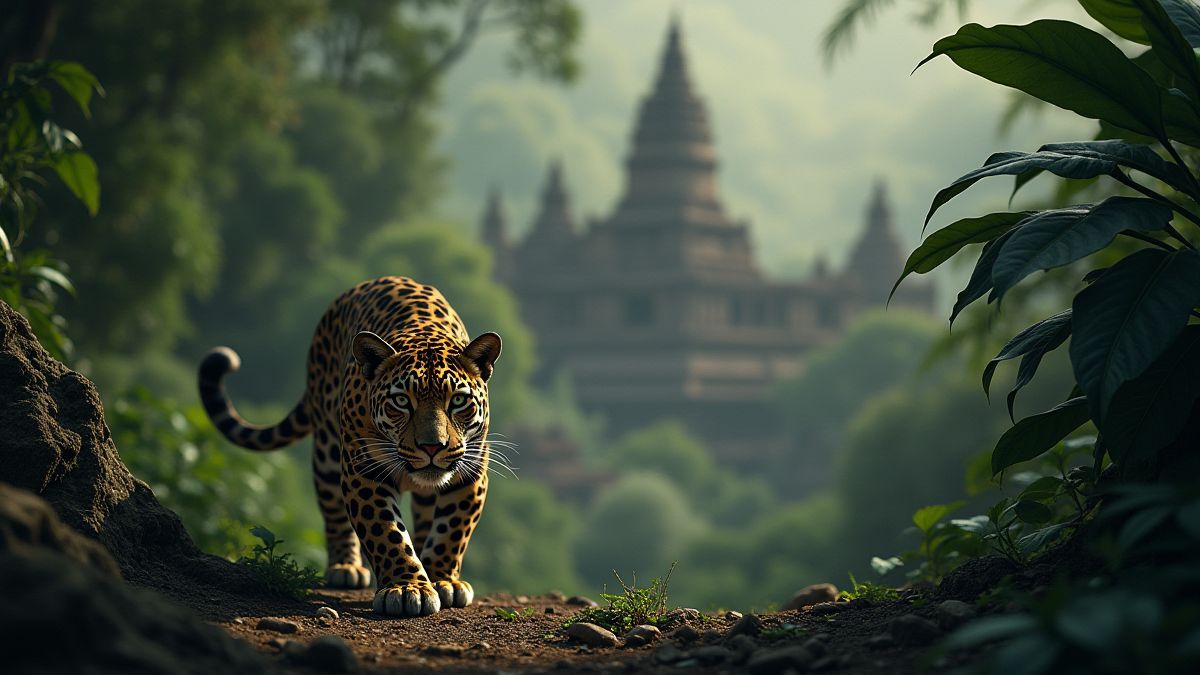 Jaguar in the Mayan jungle with temples in the background