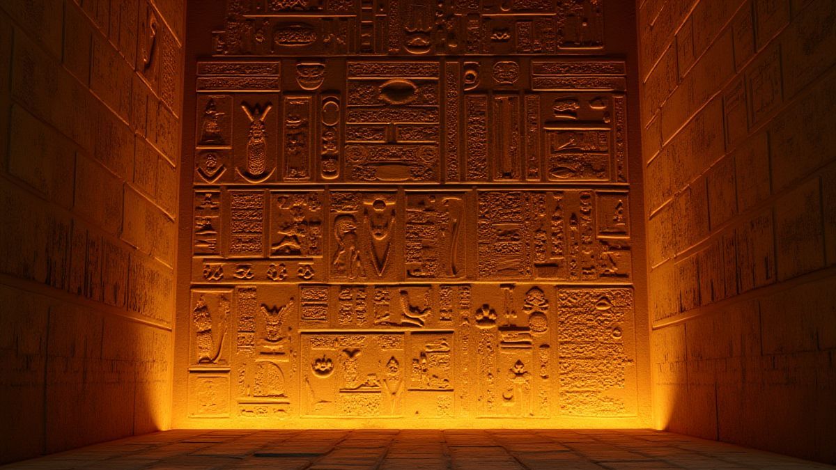 Jeroglíficos egipcios tallados en una pared iluminada.