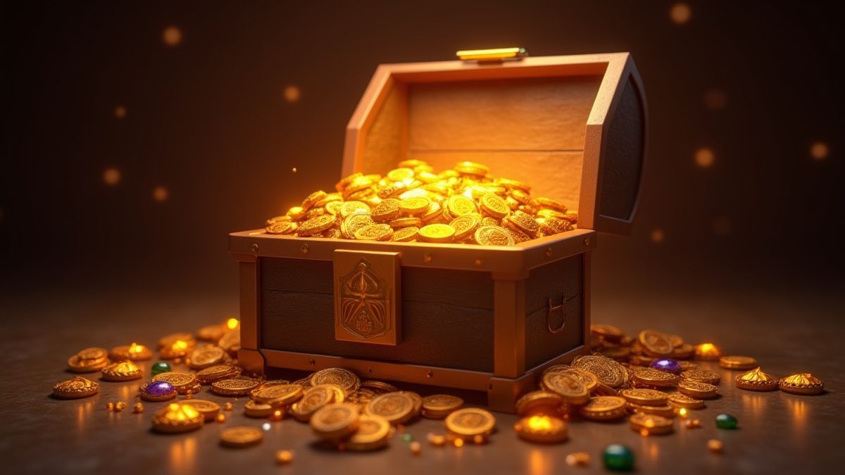 Cofre del tesoro lleno de monedas y joyas en un entorno egipcio.