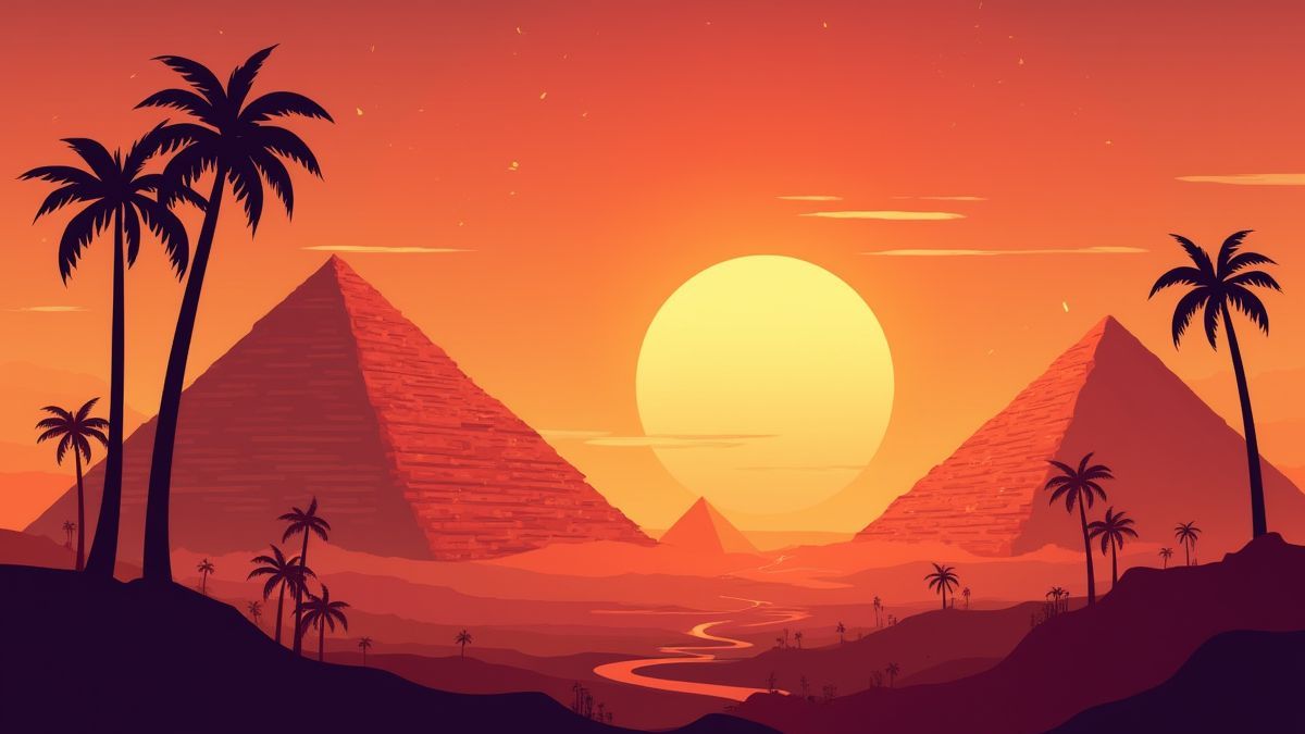Pirâmides egípcias ao atardecer com hieróglifos brilhantes.