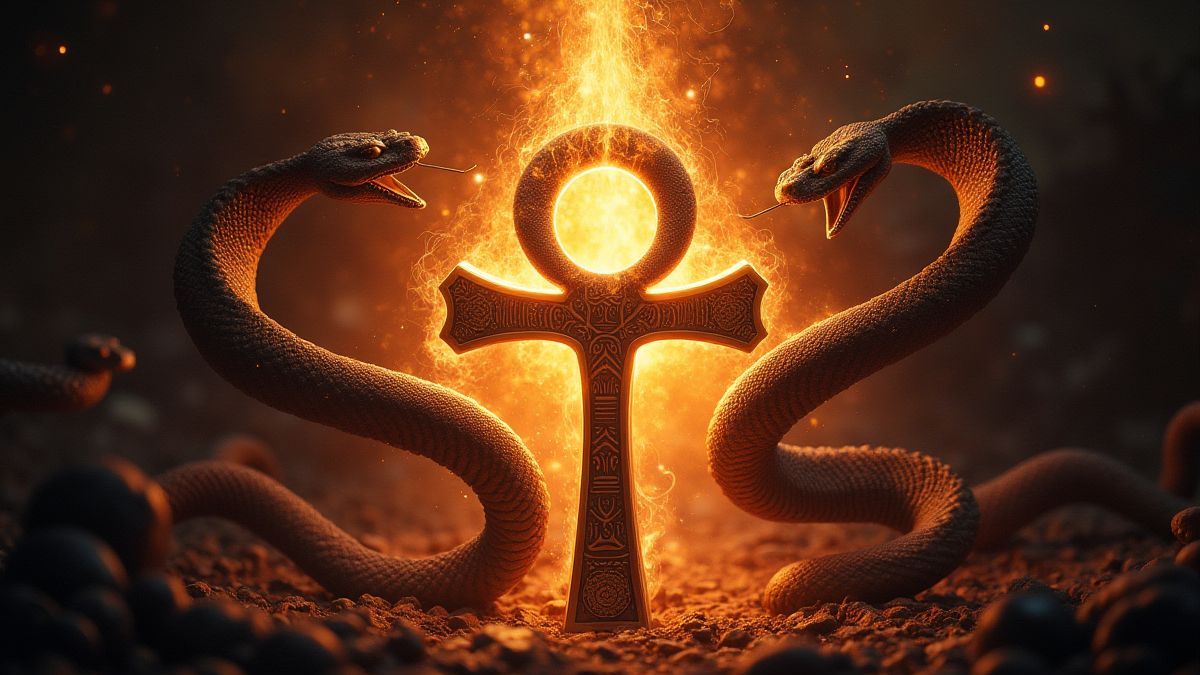 Símbolo de Ankh rodeado de cobras douradas brilhando.