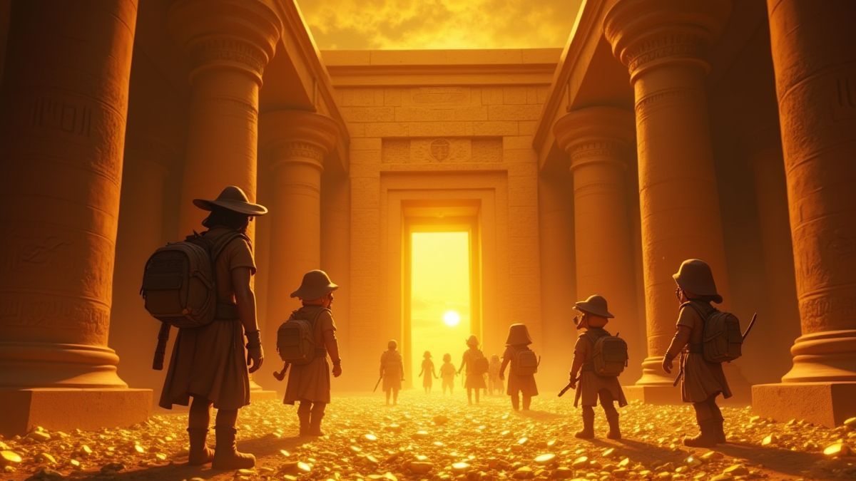 Exploradores entrando em um templo egípcio cheio de ouro.