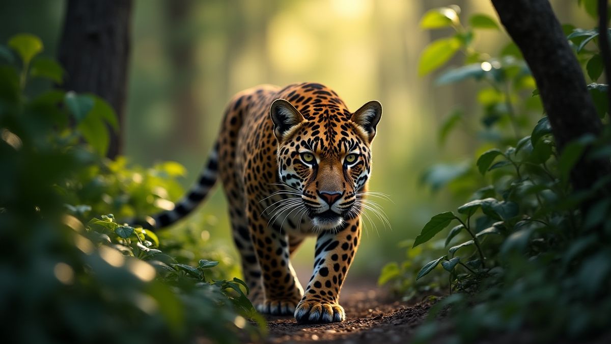 Jaguar die door een dichte jungle loopt met zonnestralen tussen de bomen.