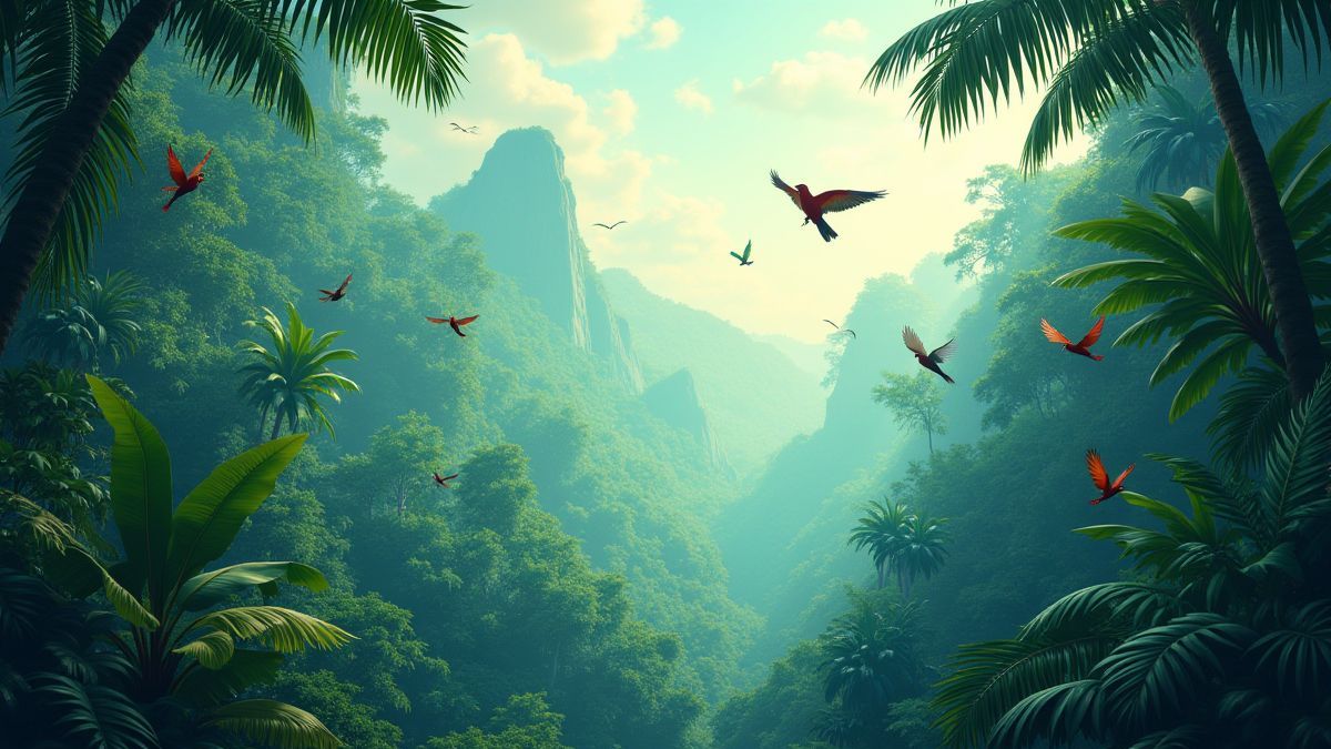Tropisch regenwoud met kleurrijke vogels die rondvliegen.