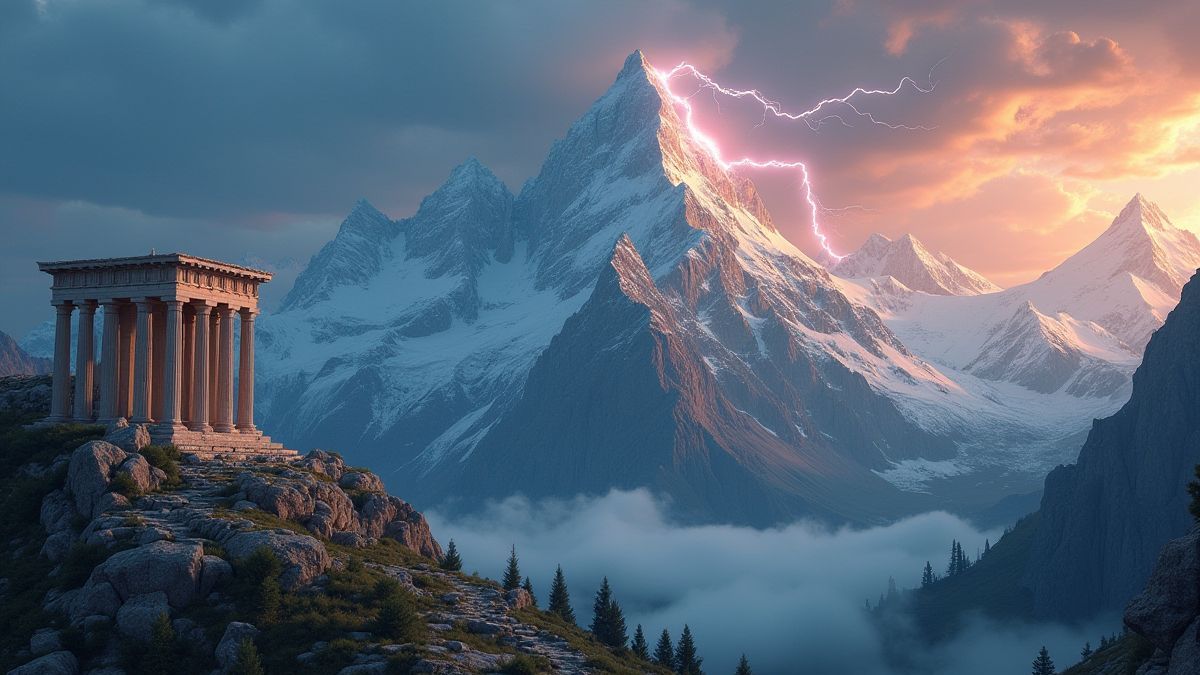 Majestic view of Mount Olympus with thunderbolts and ancient architecture.