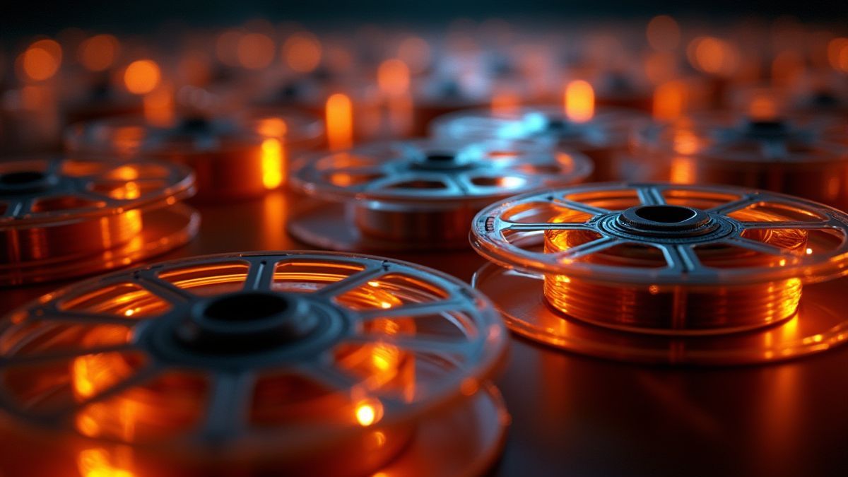Artistic representation of synchronized reels with glowing effects.