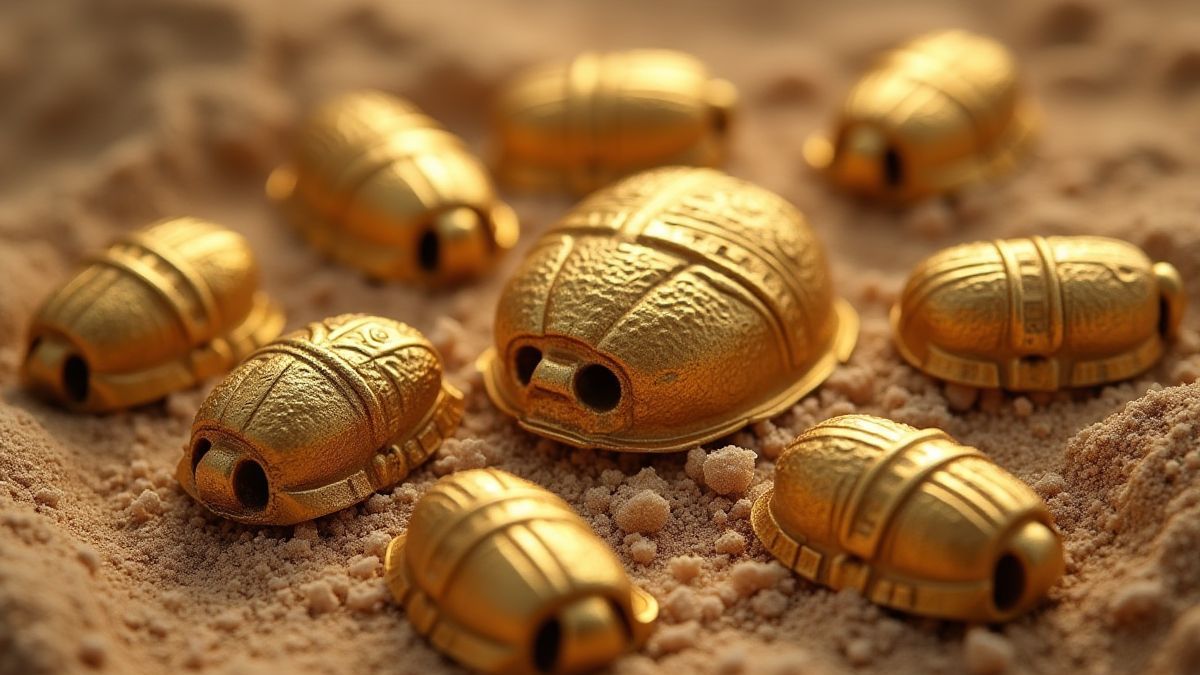 Gouden scarabs en Egyptische amuletten op zand.
