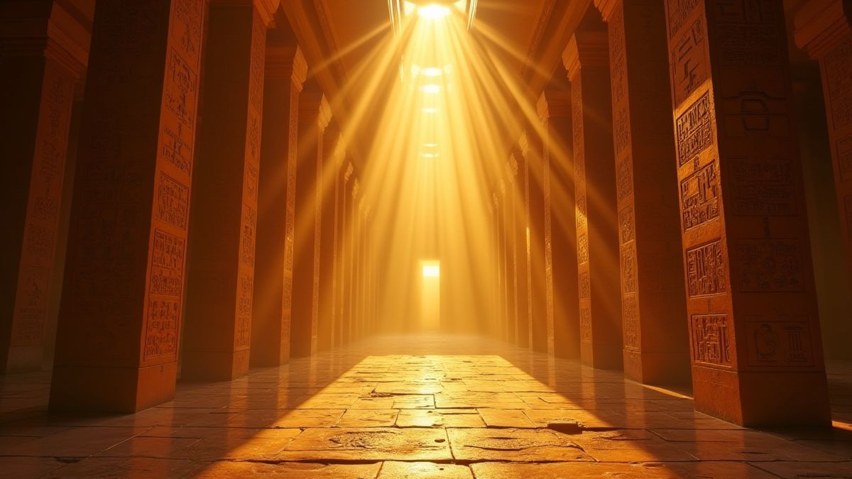Interieur van een Egyptische tempel met hiërogliefen en gouden lichten.