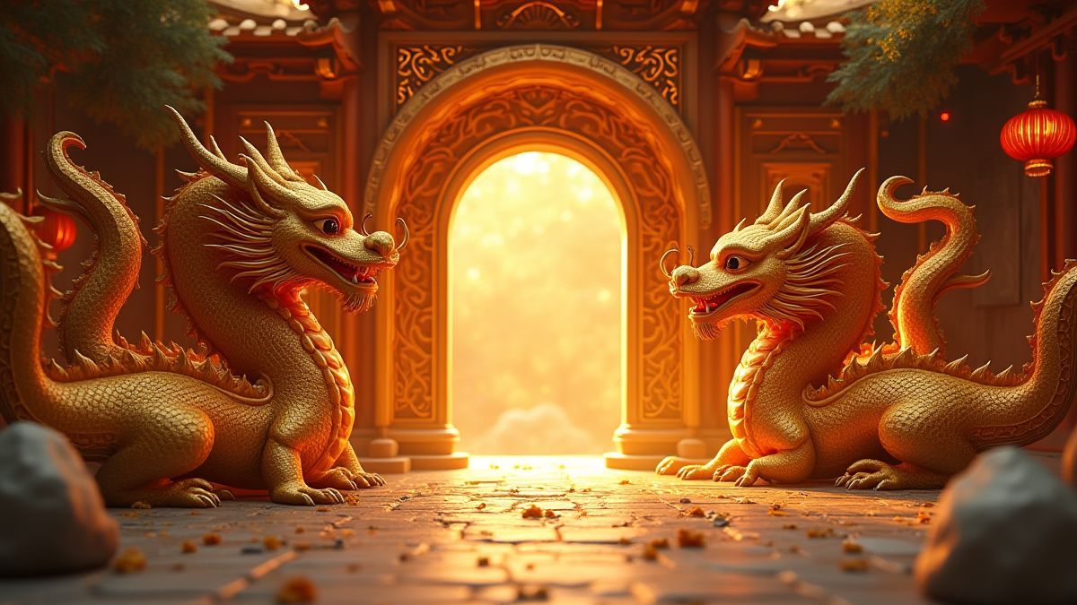 Dragones dorados rodeando la entrada de un templo luminoso