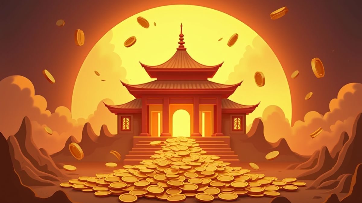 Monedas doradas girando frente a un templo luminoso