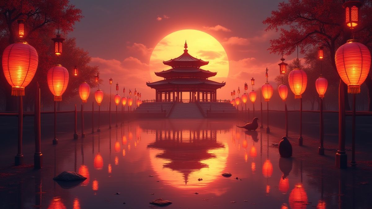 Templo asiático al atardecer rodeado de faroles luminosos