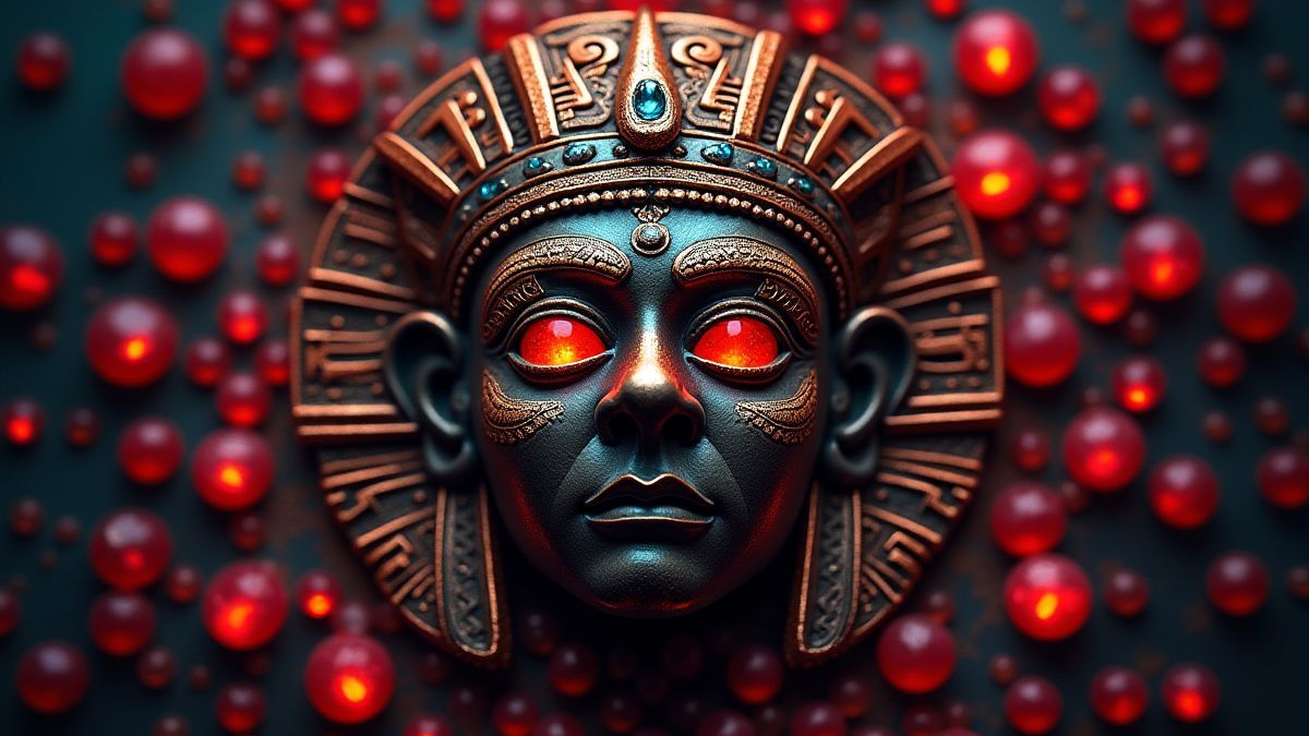 Aztec mask surrounded by glowing jewels.