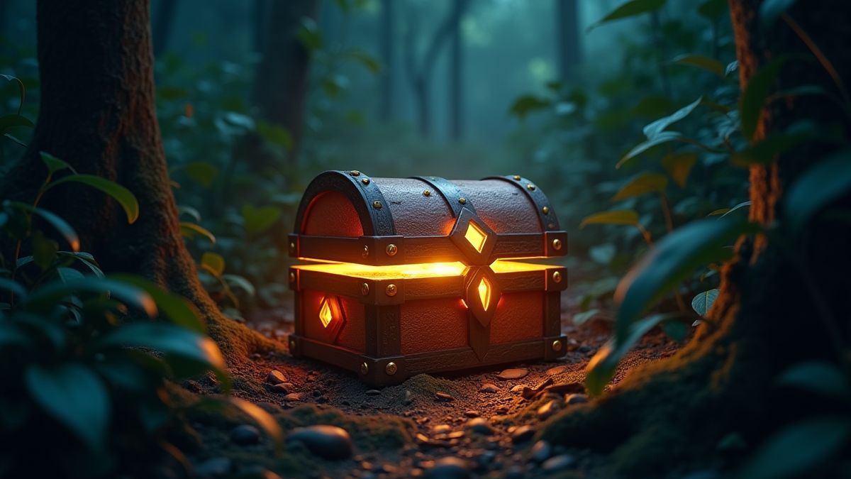 Mystical treasure chest glowing in a jungle.