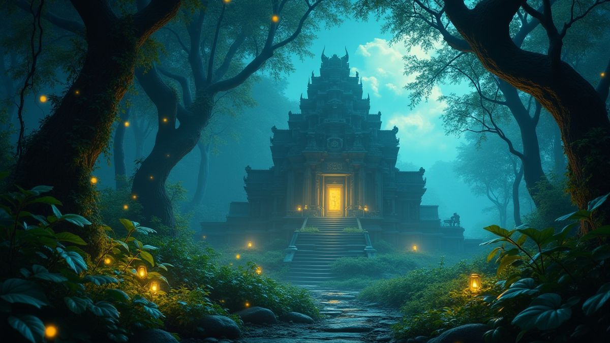 Mystical jungle with an ancient temple and glowing fireflies.