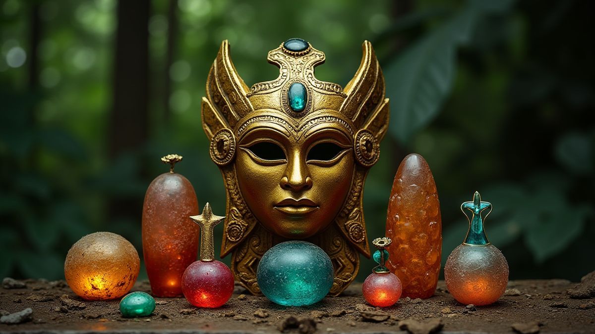 Ancient artifacts such as golden masks and engraved gems on a jungle altar.