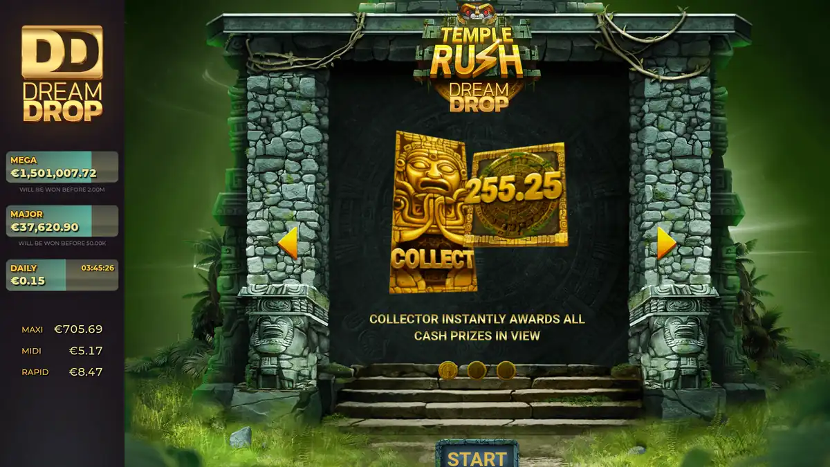 Introductiescherm van Temple Rush Dream Drop met het Collect-symbool