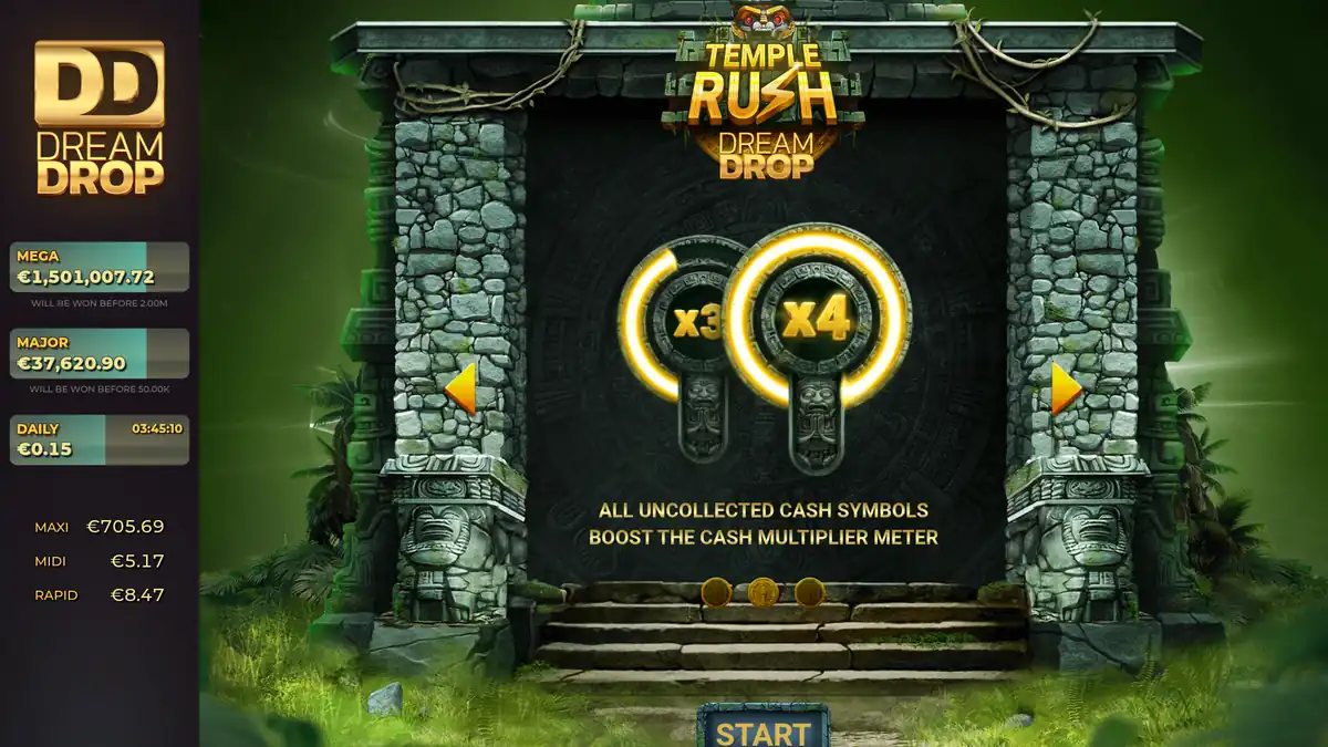 Introductiescherm van Temple Rush Dream Drop met de Rush Multiplier