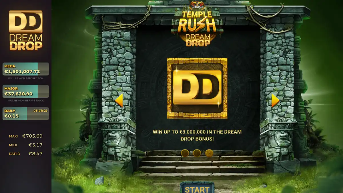 Introductiescherm van Temple Rush Dream Drop met de Dream Drop-jackpot