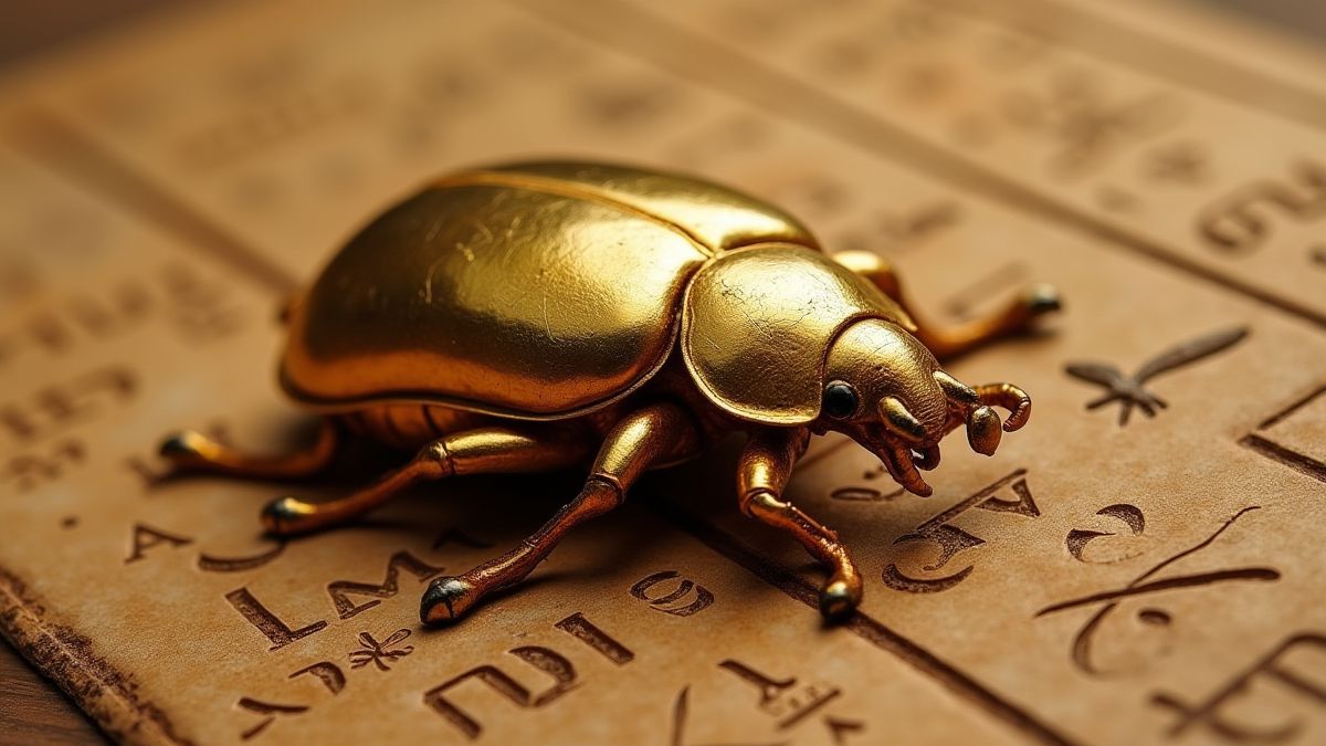 Gouden scarabee op Egyptische hiërogliefen.