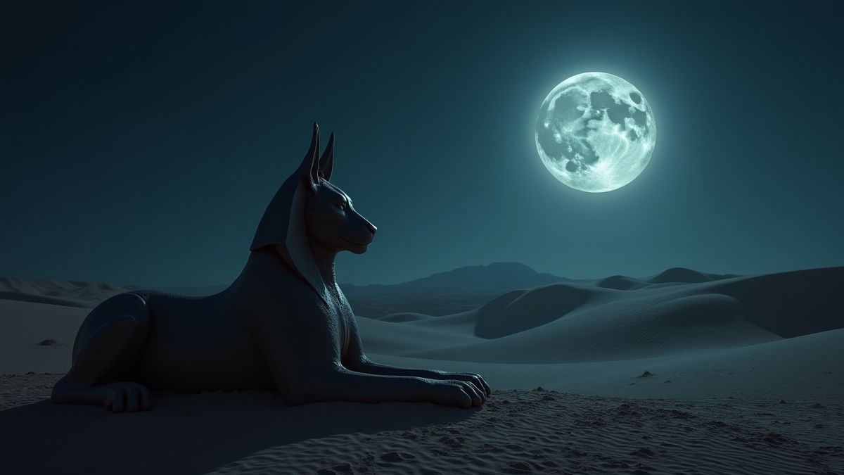 Mystieke sfinx verlicht door het maanlicht in een woestijnlandschap.