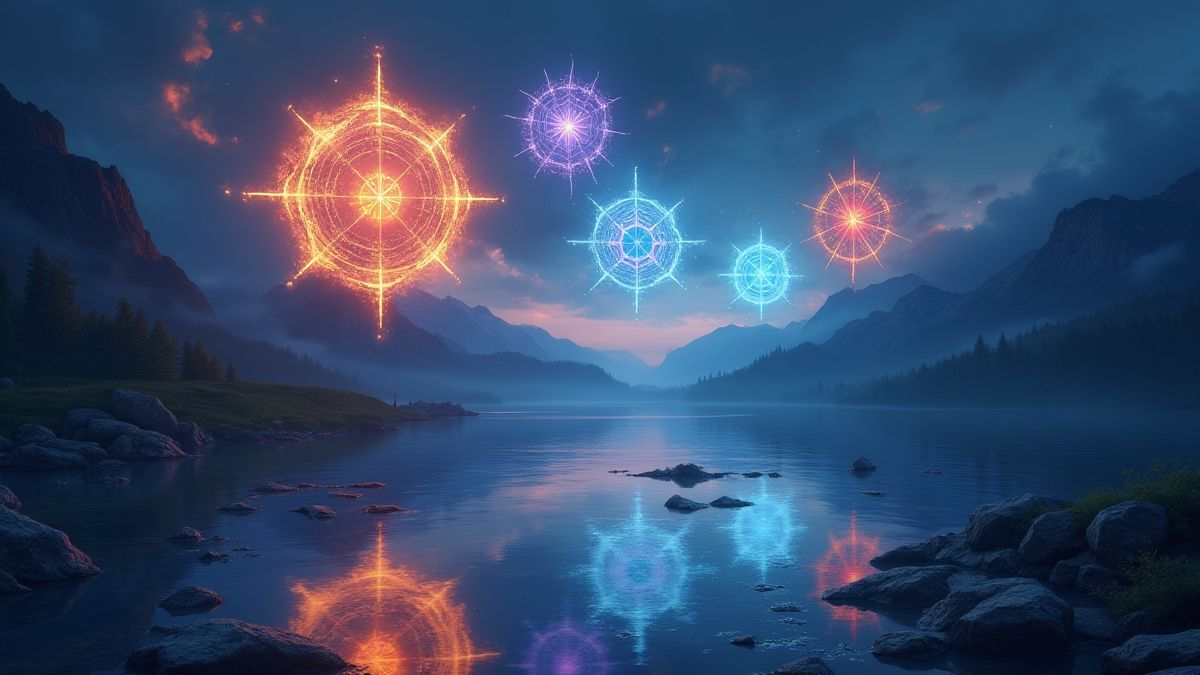 Símbolos elementales brillantes sobre un lago mágico