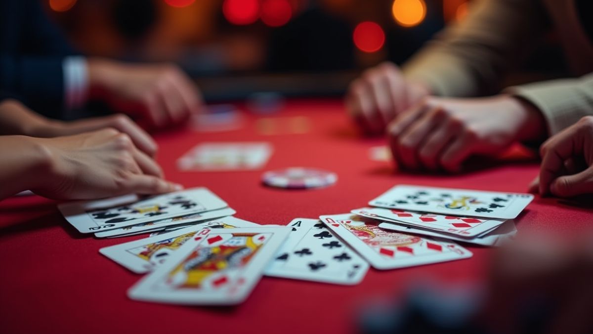 Table de poker avec quatre mains de cartes en jeu
