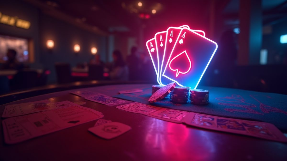 Verlichte pokermano met fiches en kaarten in een casino.
