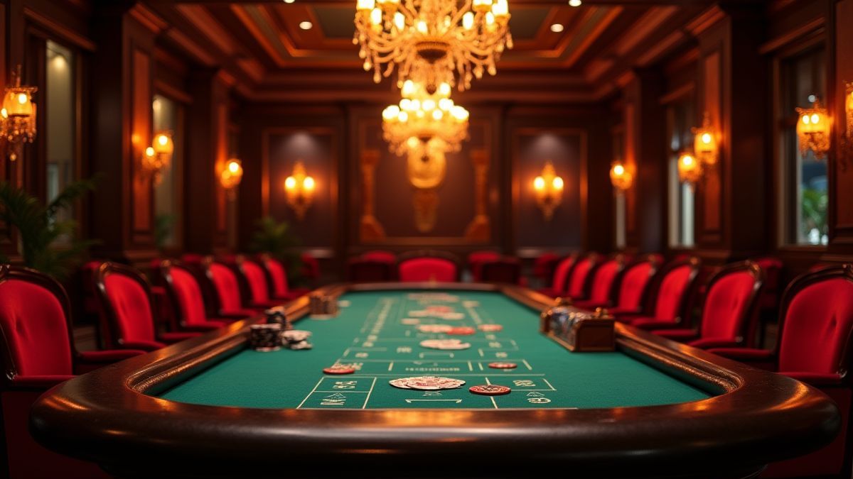 Pokertafel in een luxe casino met fluwelen stoelen en glanzende kroonluchters.