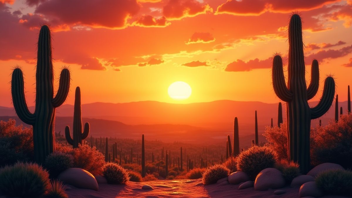 Atardecer mexicano con cactus y decoraciones festivas.