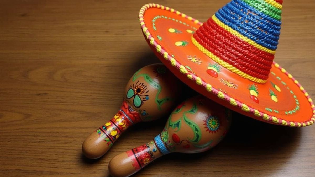 Sombrero festivo y maracas sobre una mesa de madera.
